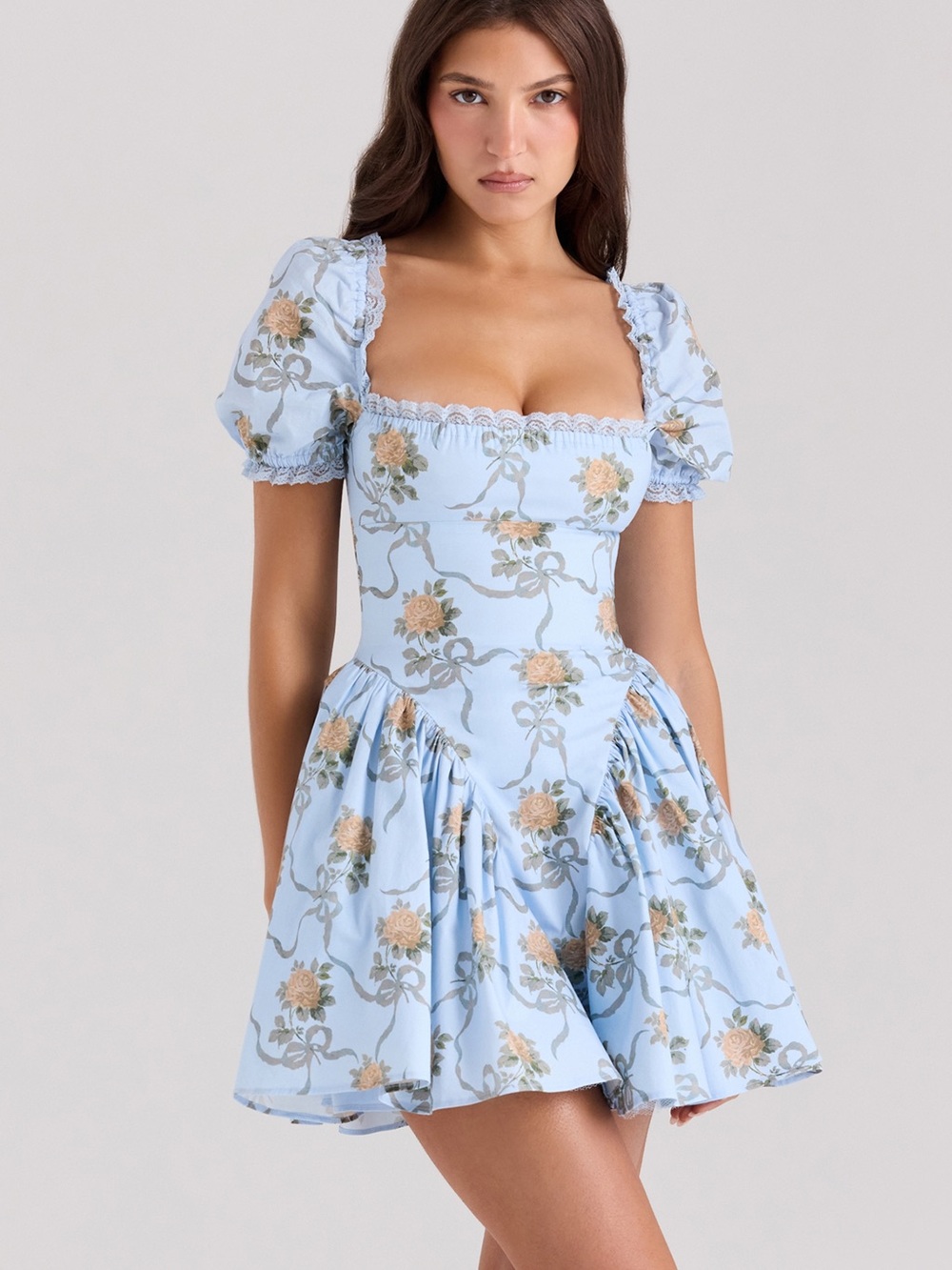 House Of CB Blue Rose Print Cotton Mini Dress Large NWT